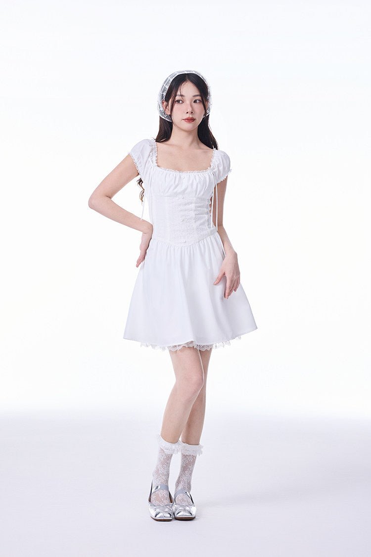 White French Square Neck Puff Sleeve Lace Ruched Waist Mini Dress - EveningVerse5