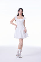 White French Square Neck Puff Sleeve Lace Ruched Waist Mini Dress - EveningVerse5