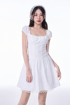 White French Square Neck Puff Sleeve Lace Ruched Waist Mini Dress - EveningVerse6