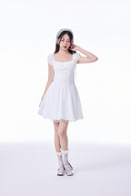 White French Square Neck Puff Sleeve Lace Ruched Waist Mini Dress - EveningVerse4