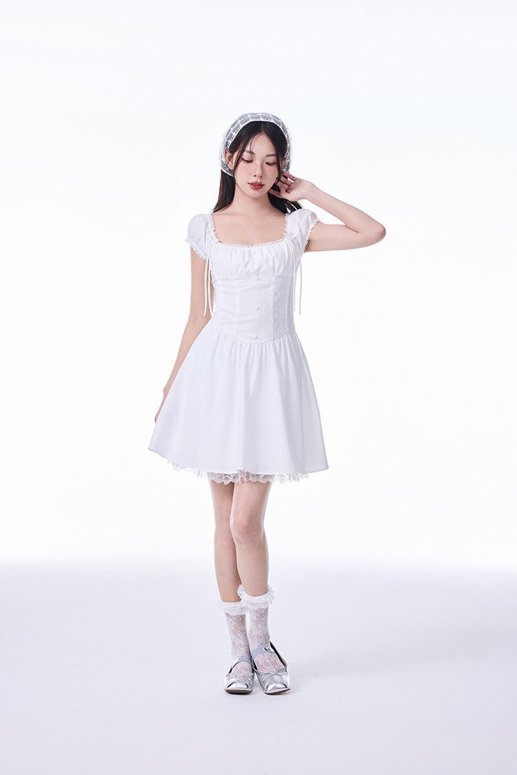 White French Square Neck Puff Sleeve Lace Ruched Waist Mini Dress - EveningVerse4