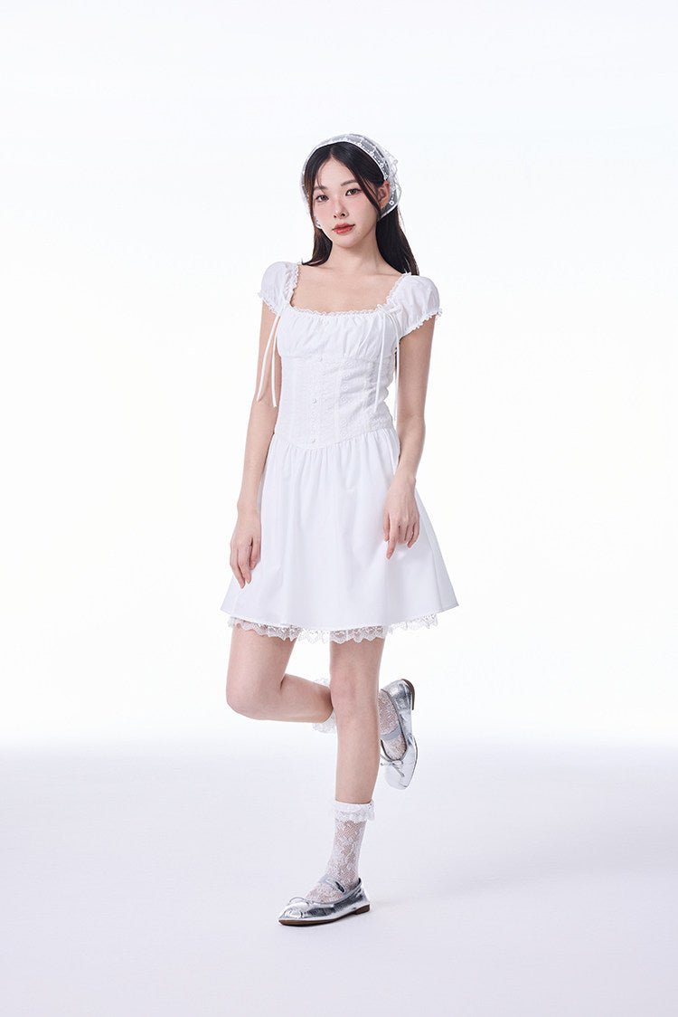 White French Square Neck Puff Sleeve Lace Ruched Waist Mini Dress - EveningVerse3