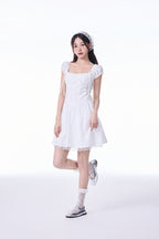 White French Square Neck Puff Sleeve Lace Ruched Waist Mini Dress - EveningVerse3