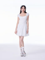 White French Square Neck Puff Sleeve Lace Ruched Waist Mini Dress - EveningVerse9