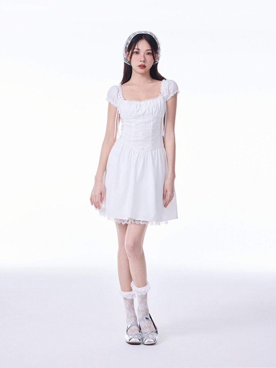 White French Square Neck Puff Sleeve Lace Ruched Waist Mini Dress - EveningVerse9