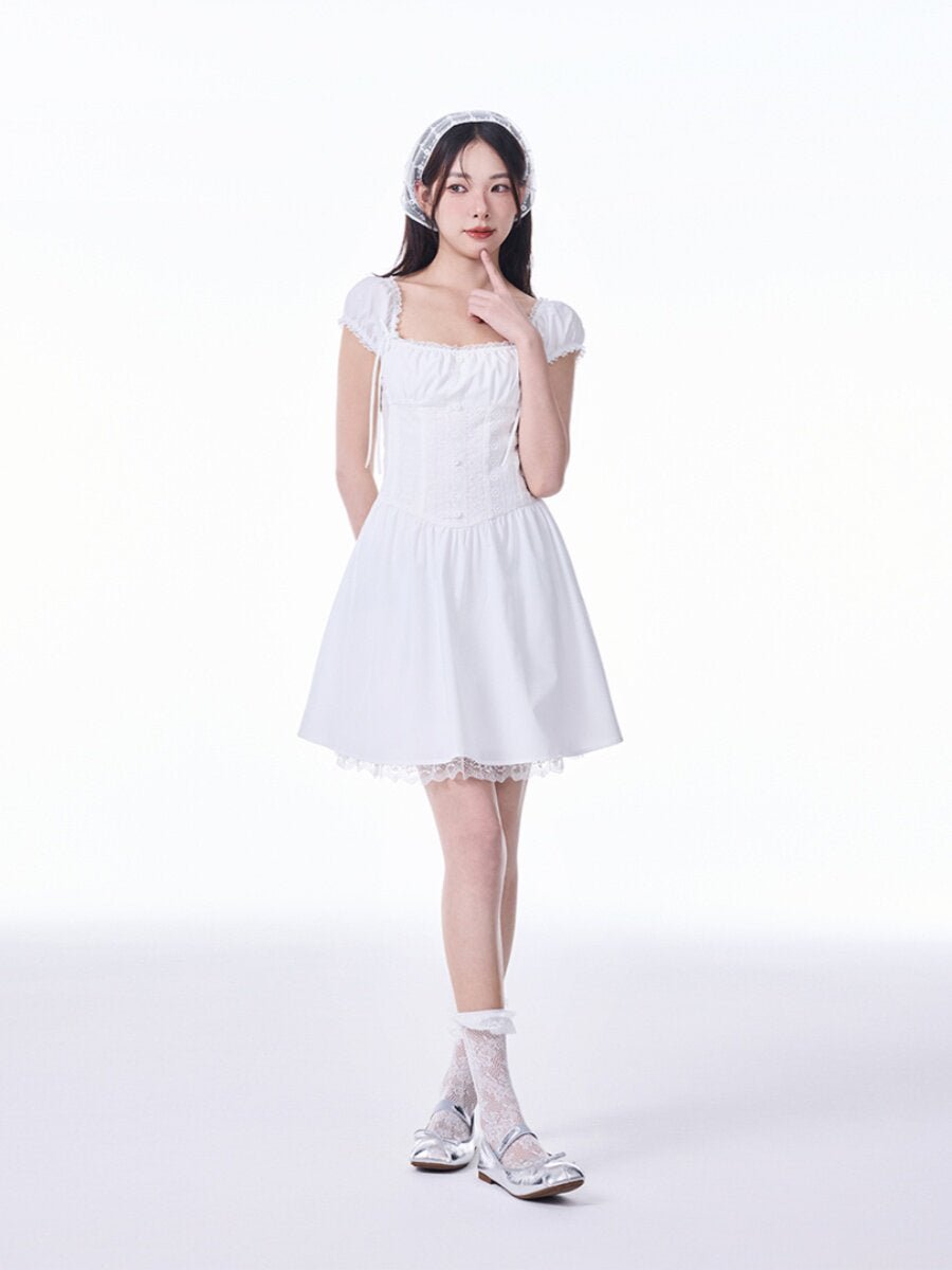 White French Square Neck Puff Sleeve Lace Ruched Waist Mini Dress - EveningVerse8