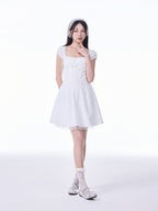 White French Square Neck Puff Sleeve Lace Ruched Waist Mini Dress - EveningVerse8