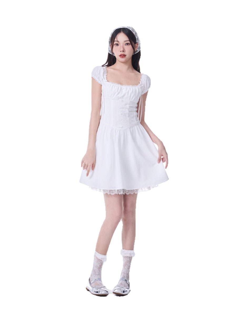 White French Square Neck Puff Sleeve Lace Ruched Waist Mini Dress - EveningVerse11
