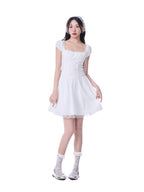 White French Square Neck Puff Sleeve Lace Ruched Waist Mini Dress - EveningVerse11