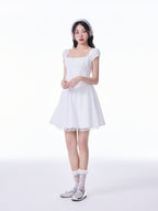 White French Square Neck Puff Sleeve Lace Ruched Waist Mini Dress - EveningVerse7