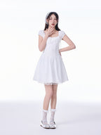 White French Square Neck Puff Sleeve Lace Ruched Waist Mini Dress - EveningVerse10