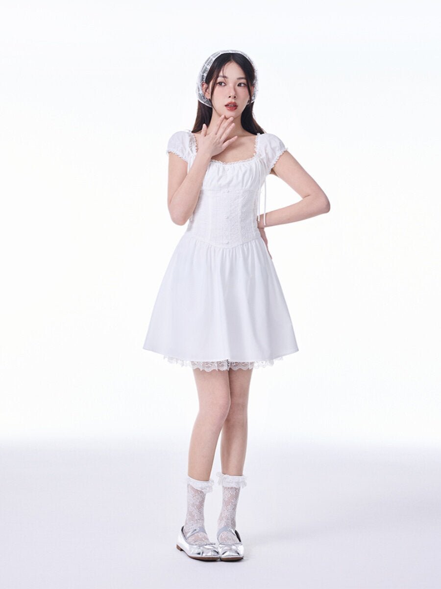 White French Square Neck Puff Sleeve Lace Ruched Waist Mini Dress - EveningVerse10