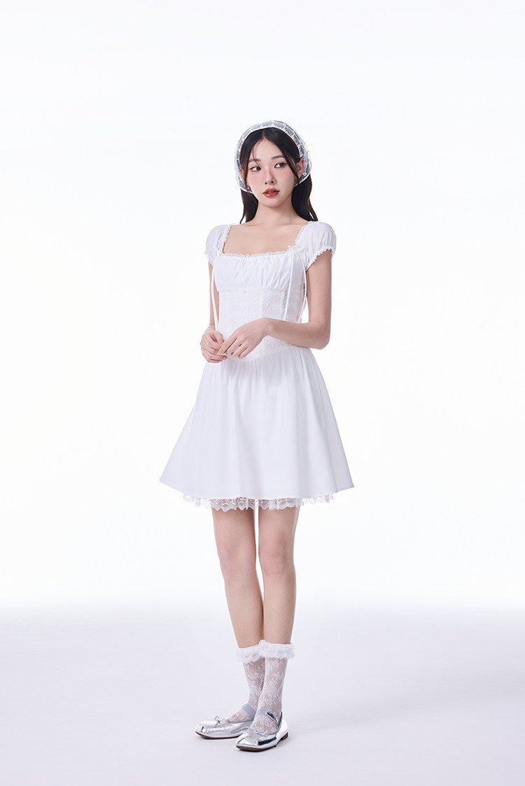 White French Square Neck Puff Sleeve Lace Ruched Waist Mini Dress Secondary image
