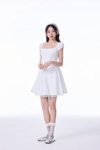 White French Square Neck Puff Sleeve Lace Ruched Waist Mini Dress - EveningVerse2