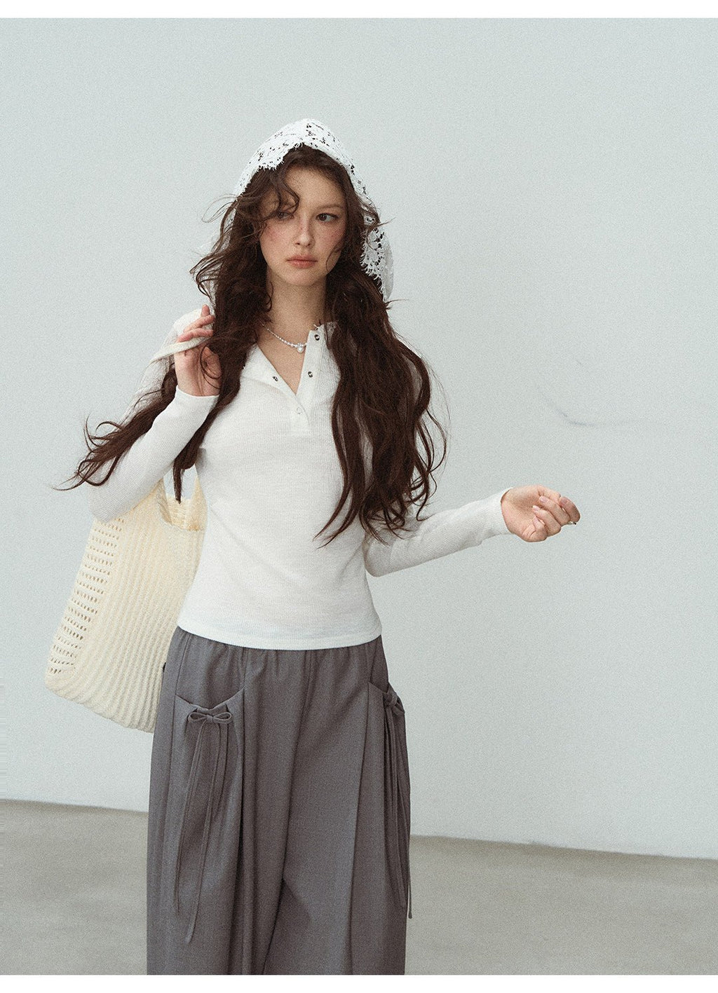 White Lace Hooded Ribbed Top Long Sleeve Lace - Up Detail | Eveningverse - EveningVerse - 5