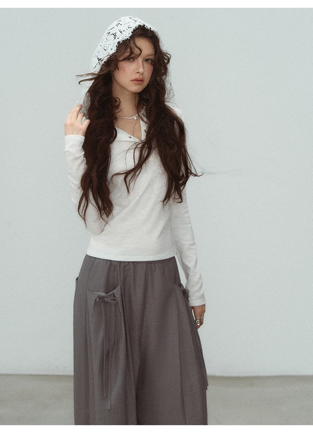 White Lace Hooded Ribbed Top Long Sleeve Lace - Up Detail | Eveningverse - EveningVerse - 8