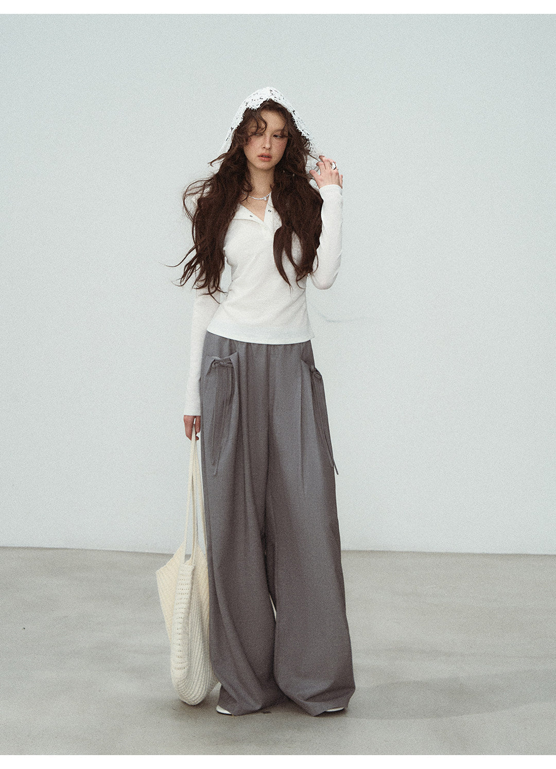 White Lace Hooded Ribbed Top Long Sleeve Lace-Up Detail | Eveningverse Secondary image