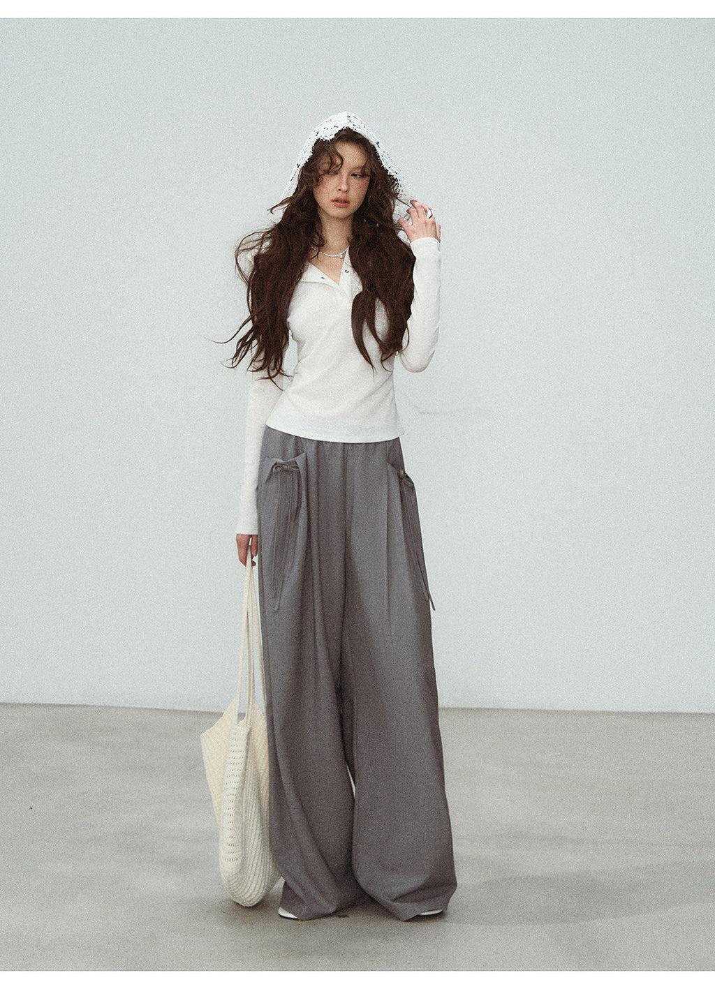 White Lace Hooded Ribbed Top Long Sleeve Lace - Up Detail | Eveningverse - EveningVerse - 2