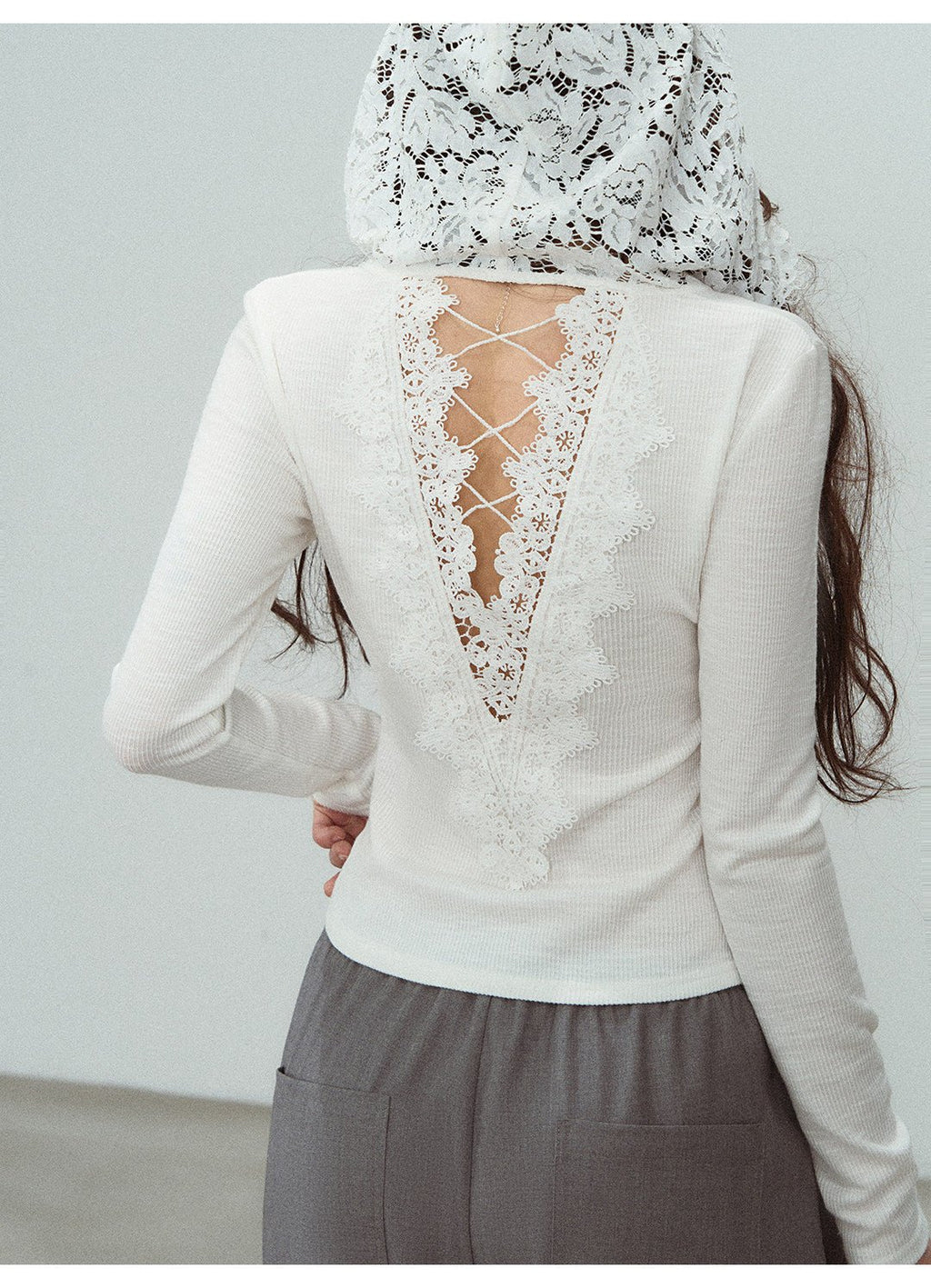 White Lace Hooded Ribbed Top Long Sleeve Lace - Up Detail | Eveningverse - EveningVerse - 7