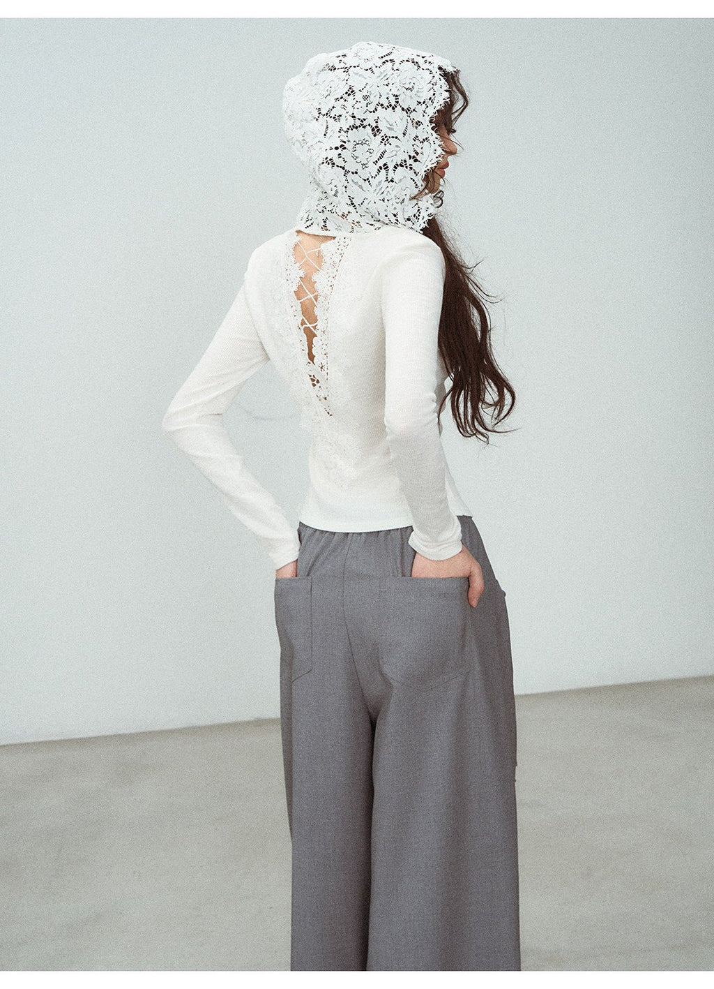 White Lace Hooded Ribbed Top Long Sleeve Lace - Up Detail | Eveningverse - EveningVerse - 6
