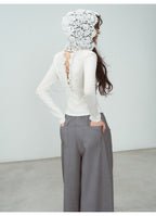White Lace Hooded Ribbed Top Long Sleeve Lace - Up Detail | Eveningverse - EveningVerse - 6
