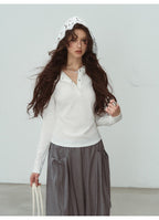 White Lace Hooded Ribbed Top Long Sleeve Lace - Up Detail | Eveningverse - EveningVerse - 4