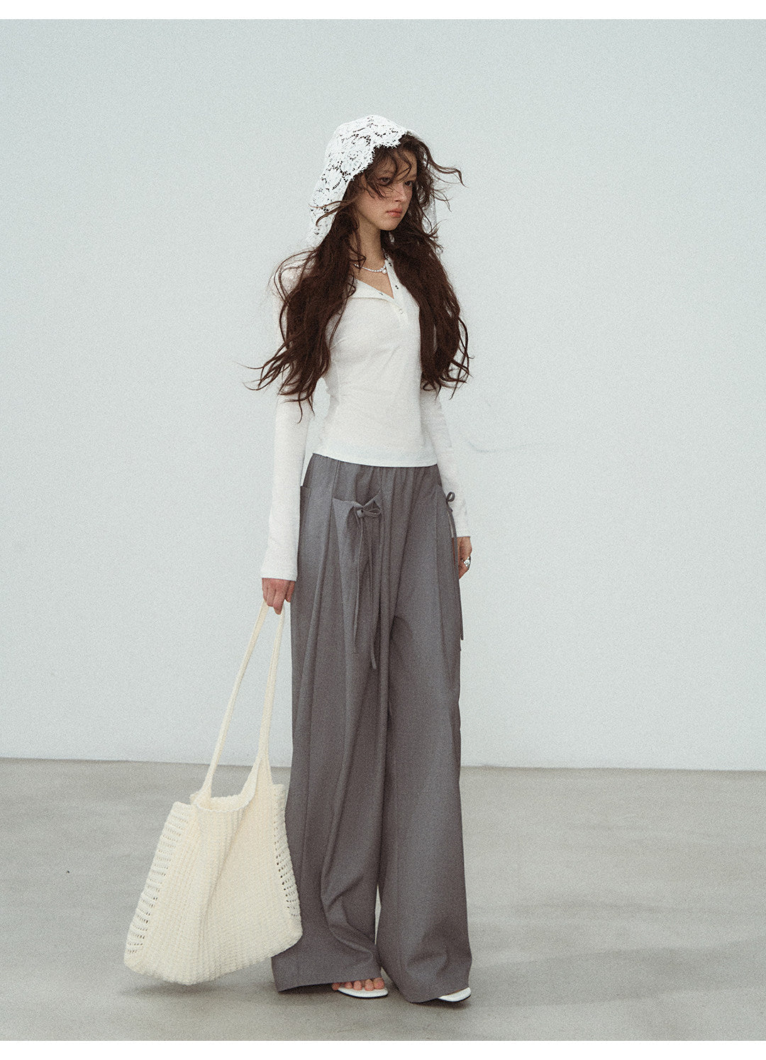 White Lace Hooded Ribbed Top Long Sleeve Lace - Up Detail | Eveningverse - EveningVerse - 3