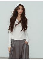 White Lace Hooded Ribbed Top Long Sleeve Lace - Up Detail | Eveningverse - EveningVerse - 9