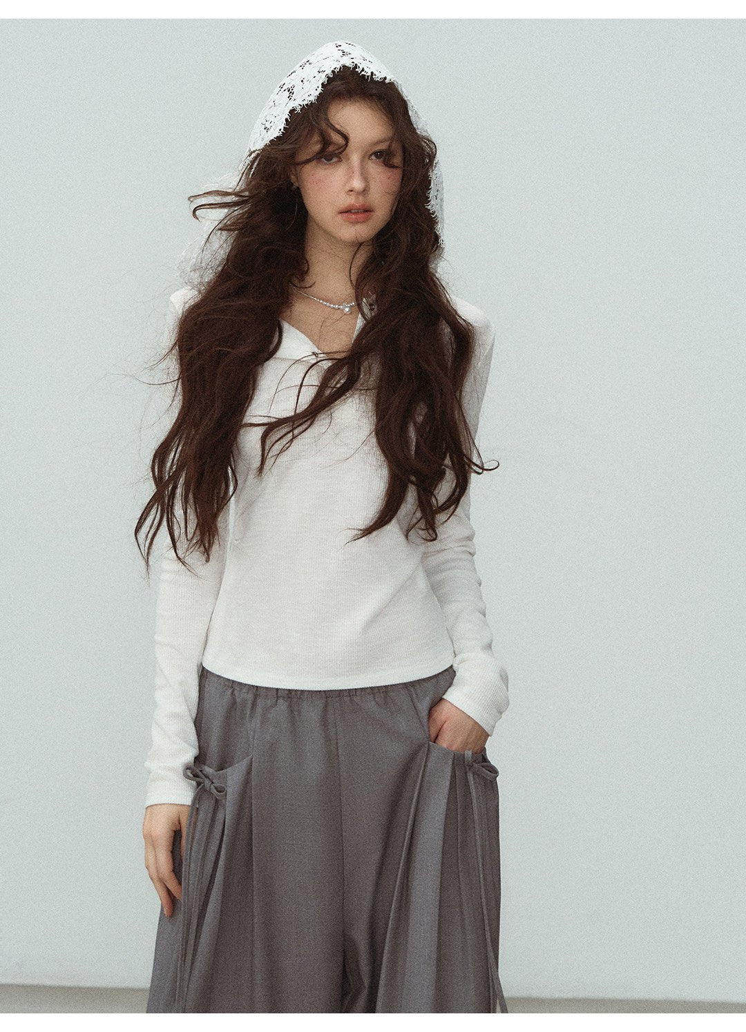 White Lace Hooded Ribbed Top Long Sleeve Lace - Up Detail | Eveningverse - EveningVerse - 9
