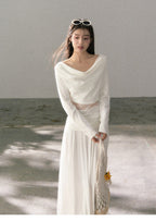 White Lace Trim Cutout Cowl Neck Long Sleeve Top - EveningVerse2