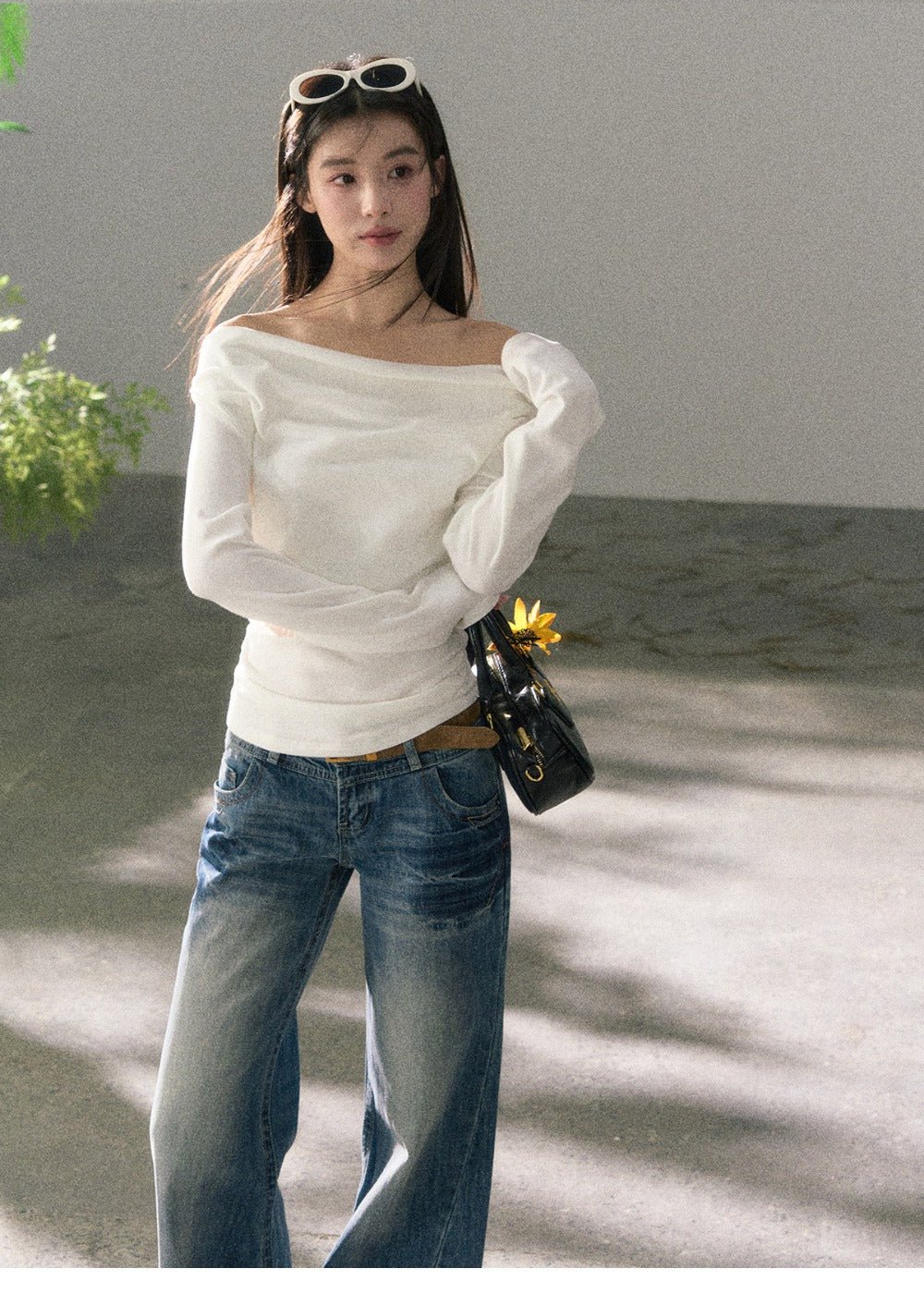 White Lace Trim Cutout Cowl Neck Long Sleeve Top - EveningVerse5