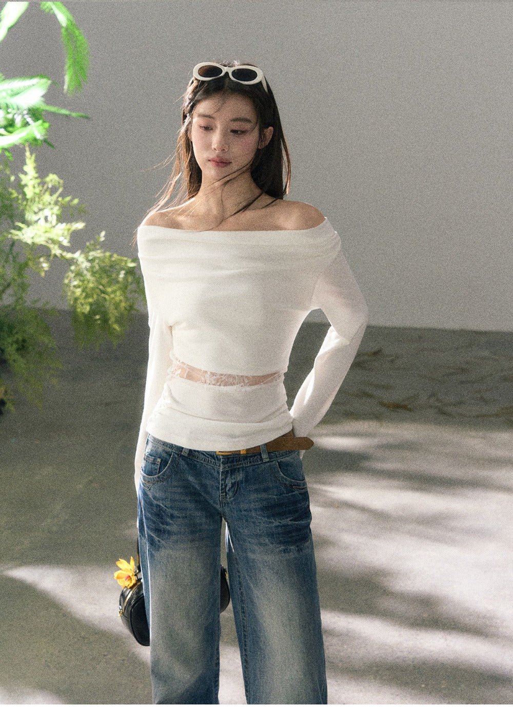 White Lace Trim Cutout Cowl Neck Long Sleeve Top - EveningVerse6