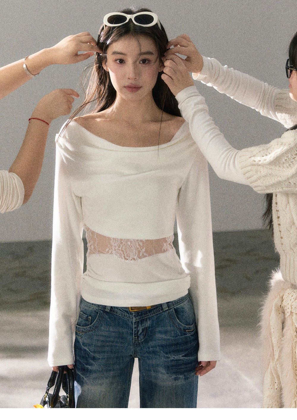 White Lace Trim Cutout Cowl Neck Long Sleeve Top - EveningVerse10