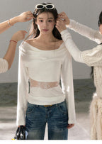 White Lace Trim Cutout Cowl Neck Long Sleeve Top - EveningVerse10
