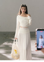 White Lace Trim Cutout Cowl Neck Long Sleeve Top - EveningVerse4