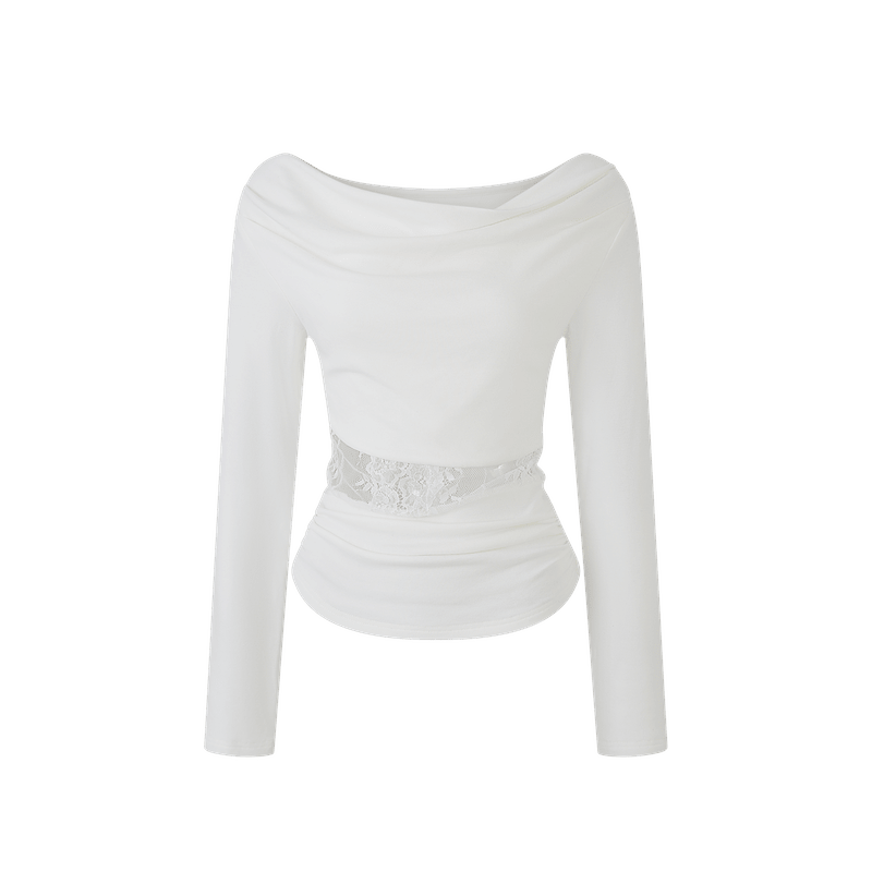 White Lace Trim Cutout Cowl Neck Long Sleeve Top - EveningVerse11