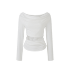 White Lace Trim Cutout Cowl Neck Long Sleeve Top - EveningVerse11