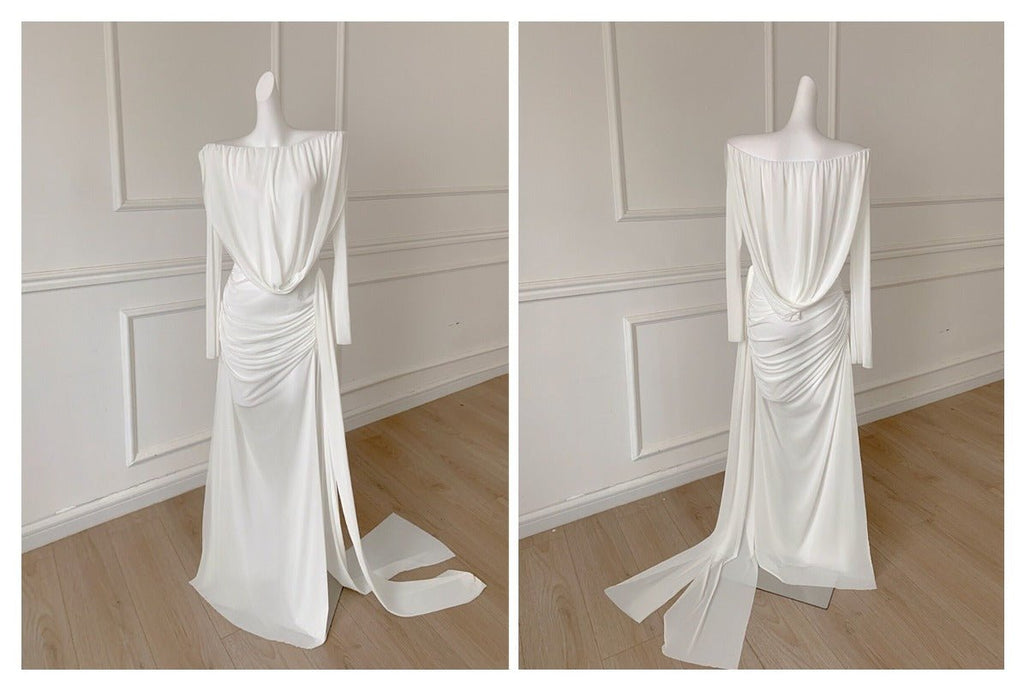 White Maxi Dress Sheath Off - the - shoulder Sheer High Slit - EveningVerse - 6