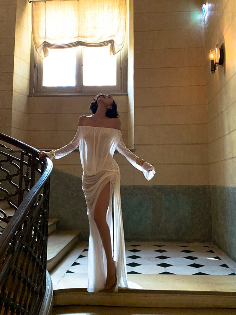 White Maxi Dress Sheath Off - the - shoulder Sheer High Slit - EveningVerse - 5