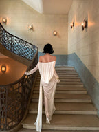 White Maxi Dress Sheath Off - the - shoulder Sheer High Slit - EveningVerse - 3