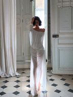 White Maxi Dress Sheath Off - the - shoulder Sheer High Slit - EveningVerse - 1