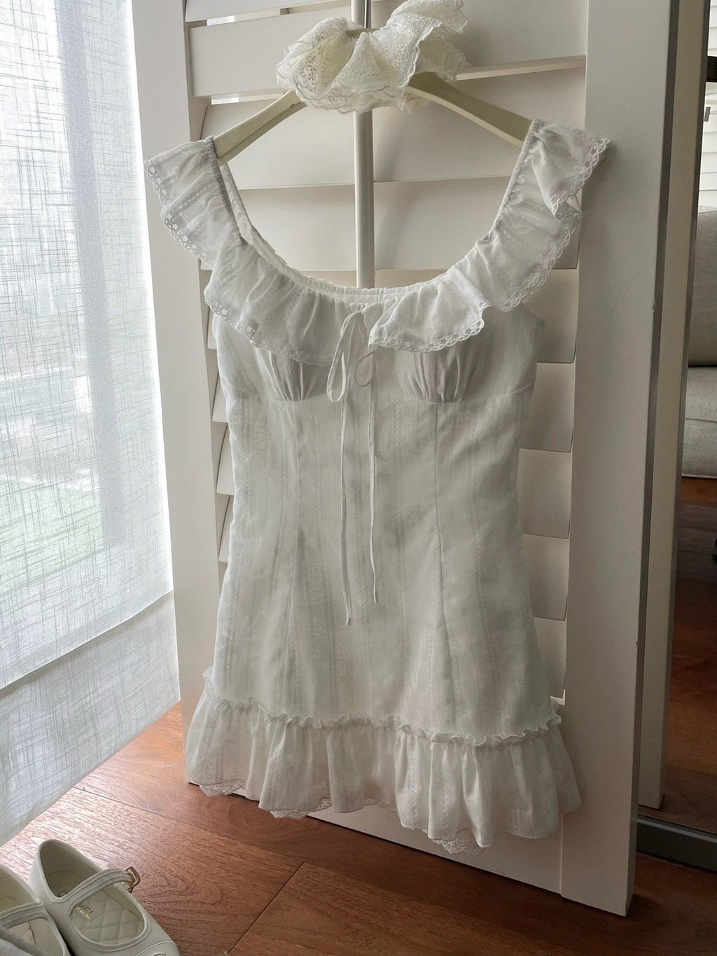 White Mini Dress Fit - and - Flare Square Neck Ruffled Sleeves Lace Tie Waist - EveningVerse - 7