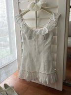 White Mini Dress Fit - and - Flare Square Neck Ruffled Sleeves Lace Tie Waist - EveningVerse - 7