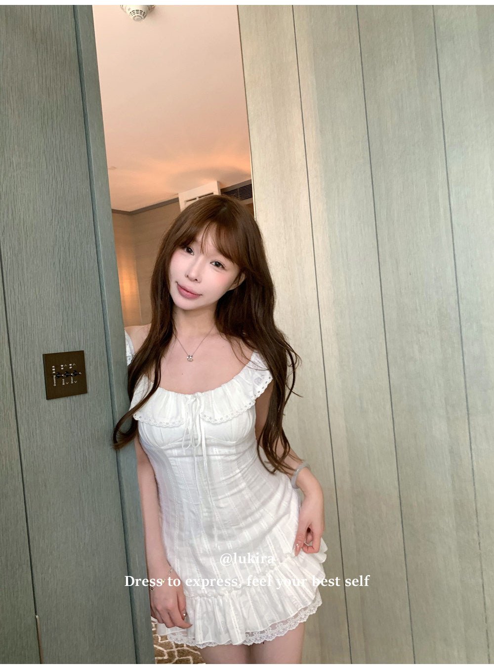 White Mini Dress Fit - and - Flare Square Neck Ruffled Sleeves Lace Tie Waist - EveningVerse - 3
