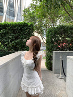 White Mini Dress Fit - and - Flare Square Neck Ruffled Sleeves Lace Tie Waist - EveningVerse - 2