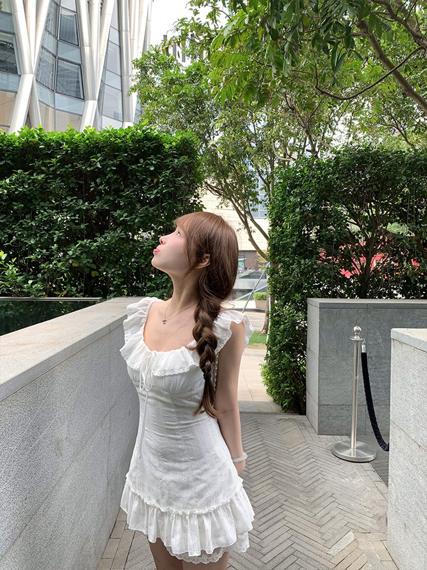 White Mini Dress Fit - and - Flare Square Neck Ruffled Sleeves Lace Tie Waist - EveningVerse - 2