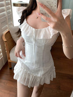 White Mini Dress Fit - and - Flare Square Neck Ruffled Sleeves Lace Tie Waist - EveningVerse - 1
