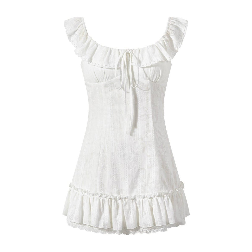 White Mini Dress Fit - and - Flare Square Neck Ruffled Sleeves Lace Tie Waist - EveningVerse - 4