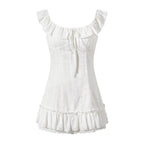 White Mini Dress Fit - and - Flare Square Neck Ruffled Sleeves Lace Tie Waist - EveningVerse - 4