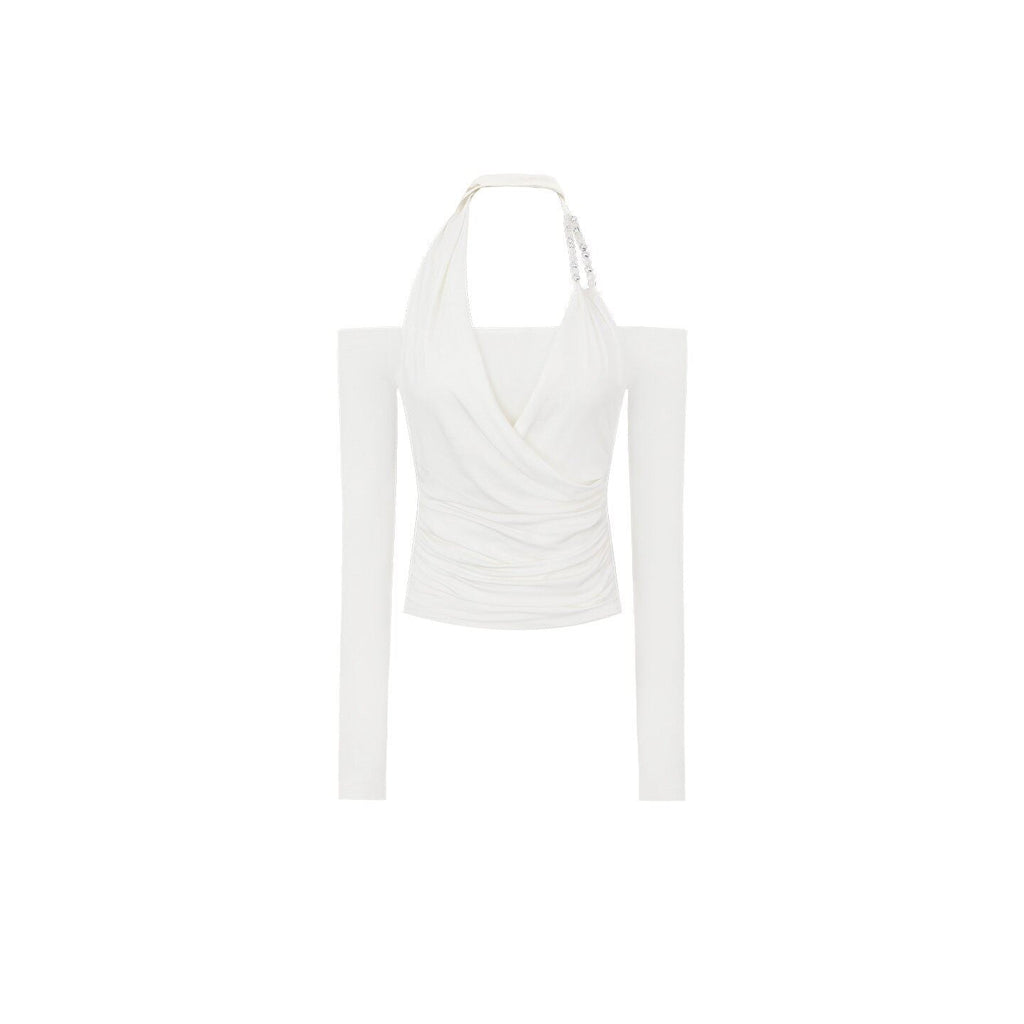 White/Black Cross Drape Halter Off Shoulder Slim Fit Long Sleeve Top - EveningVerse - 9